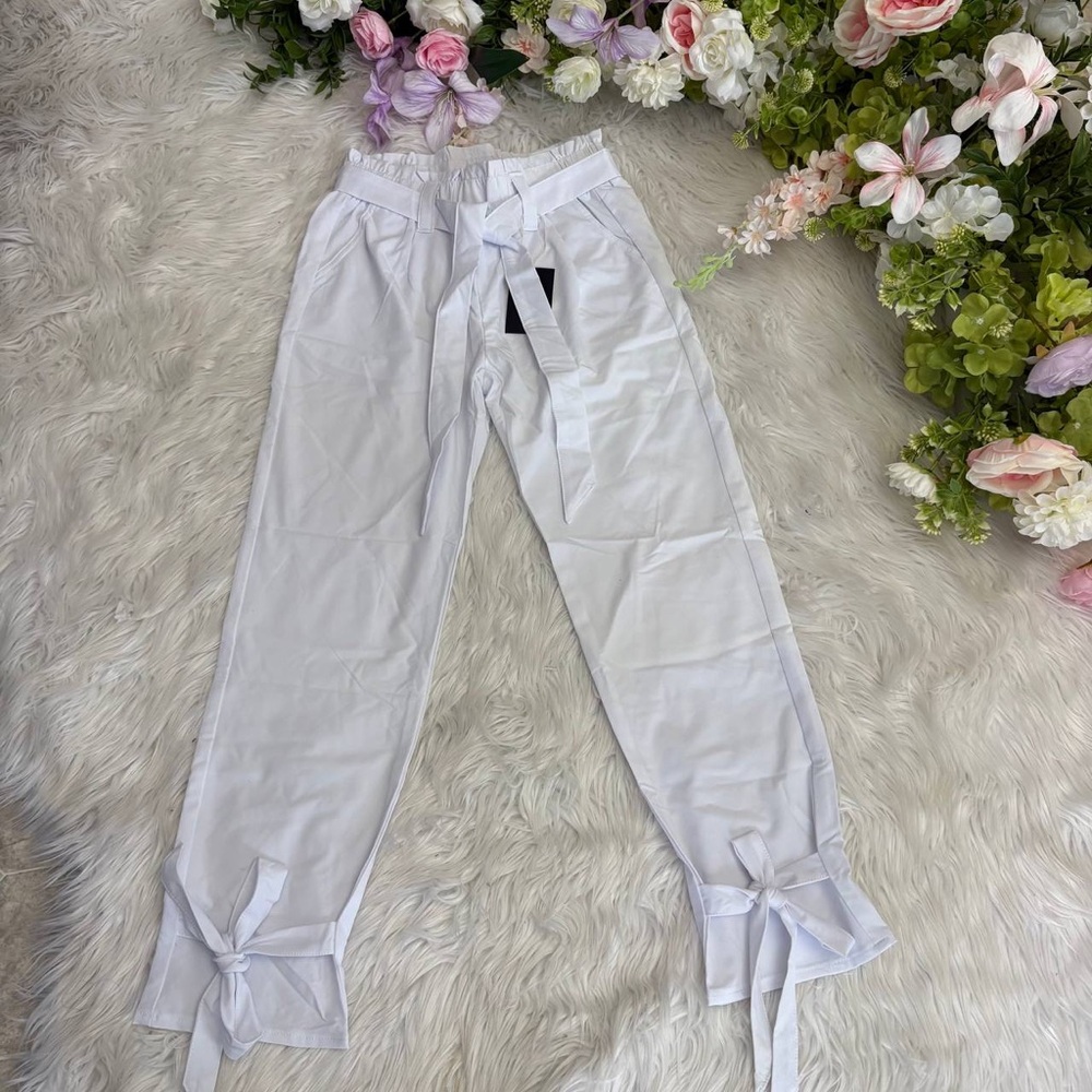 High-Waist White Tie-Waist Ankle Pants - Picture 2 of 7